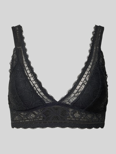 Produktfoto, schwarzer BH mit Spitzendetails von Jake*s Casual, zarte Spitzenstruktur und transparente Texturen vor grauem Hintergrund.
