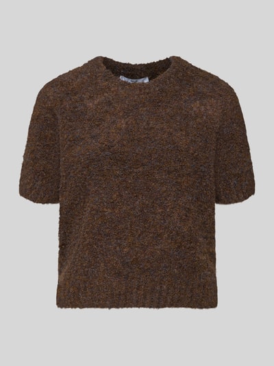 Produktfoto, brauner Regular Fit Sweater mit Woll-Anteil Modell 'Tosca' von Mango, kurzärmelig, Strick-Optik, Rundhalsausschnitt.