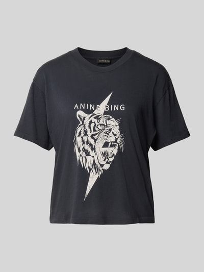Produktfoto, Relaxed Fit T-Shirt aus reiner Baumwolle von Anine Bing in Schwarz mit Rundhalsausschnitt und weißem Label-Print sowie Motiv-Print.