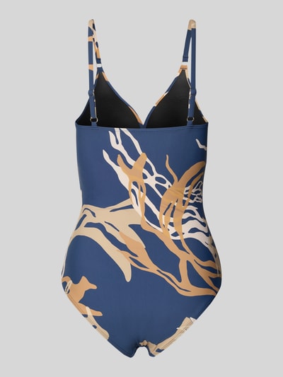 Produktfoto, Badeanzug mit V-Ausschnitt Modell 'Melyd' von Barts, blauer Material-Mix mit Stretch-Anteil, abstraktes beiges Muster, Shaping-Funktion
