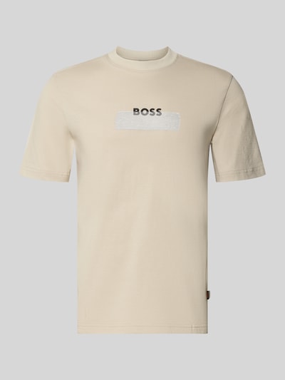 Produktfoto, Regular Fit T-Shirt aus reiner Baumwolle Modell 'Te_LOGOTAPE' von BOSS Orange, Optik: Unifarben, Label-Schriftzug, Motiv-Print, Rundhals, Kurzarm, Jersey, Beige, glatte Textur