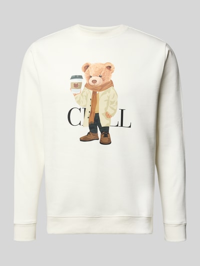 Produktfoto, Sweatshirt mit Motiv-Print von CHILL PILL, Baumwoll-Mix in Offwhite, Rundhalsausschnitt, Regular Fit, Bär-Print mit Kaffee, glatte Oberfläche