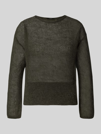 Produktfoto, Regular Fit Pullover mit Woll-Mohair-Anteil Modell 'Tivora' von someday in dunklem Grün, Strick-Optik, semitransparent, glatte Textur.