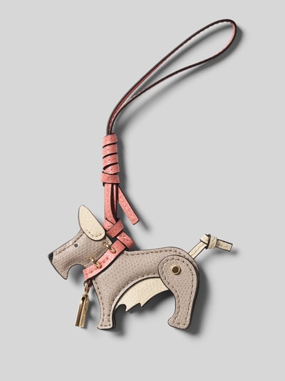 Produktfoto, zawieszka z naturalnej skóry Model 'ALLEGRA SCHNAUZER' od FURLA, efekt metaliczny, wzór w psy, beż i róż, wyrazista tekstura