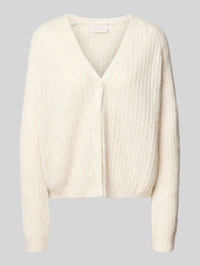 Produktfoto, Strickjacke aus Kaschmir-Baumwoll-Mix mit V-Ausschnitt von Hemisphere in Creme mit Rippenstruktur, Regular Fit, Knopfverschluss