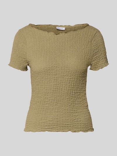 Produktfoto, Slim Fit T-Shirt mit Strukturmuster Modell 'Alora' von Noisy May, Damen T-Shirt im Elastischer-Material-Mix, kurzärmelig, U-Boot-Ausschnitt, Rückenlänge 50 cm in Größe S, beige Farbe, feine Struktur, dezent glänzende Textur.