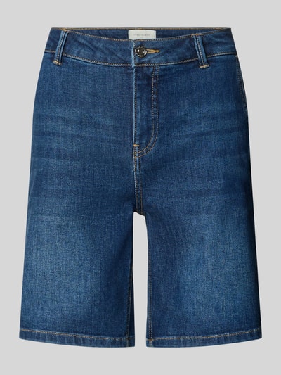 Produktfoto, korte jeans met steekzakken model 'Jane' van FREE/QUENT, katoenmix met stretch, regular fit, donkerblauw, zichtbaar stiksel, bandwijdte maat S 39 cm, binnenbeenlengte maat S 21 cm