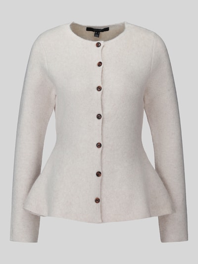 Produktfoto, Strickjacke mit Schößchen-Saum von VERO MODA, kremowy kolor, strukturowany melanżowy matowy materiał, długi rękaw, okrągły dekolt, rozkloszowany dół, pełna lista guzików, widoczne przeszycia