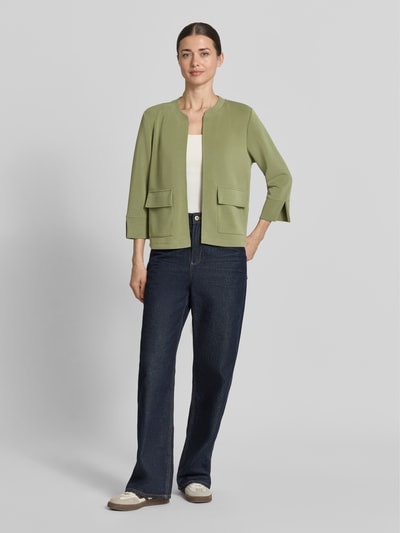 Frauenmodel trägt Relaxed Fit Scuba-Jacke aus Modal-Mix von s.Oliver RED LABEL, Optik: Unifarben, Schalkragen, Pattentaschen, 3/4-Arm, Ganzkörperansicht von vorne.
