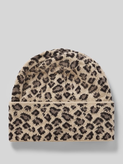 Produktfoto, Mütze aus Schurwolle-Kaschmir-Mix mit Animal-Print von UNIO HAMBURG, beiger Grundton, braune und schwarze Muster, breite Ziernähte, strukturierte Oberfläche, breiter Umschlag