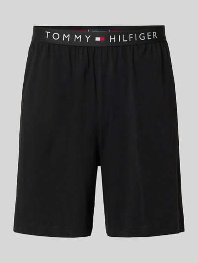 Produktfoto, Regular Fit Sweatshorts aus Baumwoll-Mix von Tommy Hilfiger in einfarbigem Schwarz, Logo-Detail, elastischer Bund mit Logo-Stitching, seitliche Eingrifftaschen, Jersey-Sweatstruktur