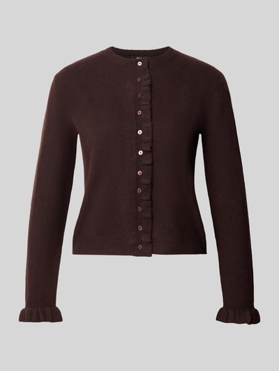 Produktfoto, Strickjacke mit Rüschen von zero, dunkelbraun, Knopfleiste, Material-Mix mit Woll-Anteil, Regular Fit, Rundhalsausschnitt