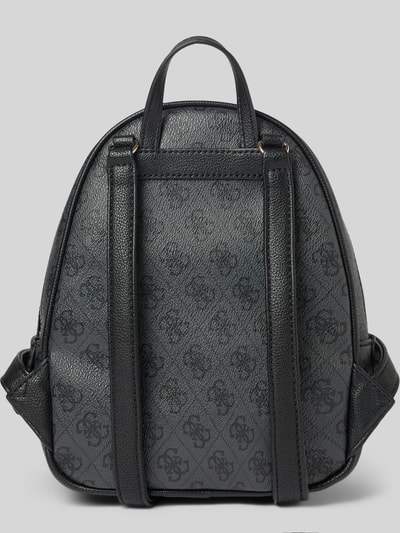 Produktfoto, Rucksack mit Allover-Logo-Print Modell 'MANHATTAN' von Guess in dunkler Leder-Optik, Reißverschlusstaschen, schmale Schulterriemen, Damen, Maße ca. 21x27x13 cm