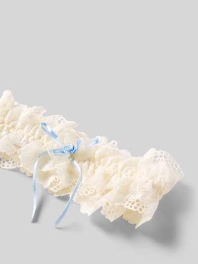 Produktfoto, Strumpfband aus Spitze von LASCANA für Damen, cremefarben mit Kontrastfarbener Schleife aus Tüll und Perlenform-Rose, Must-have Braut Accessoire, Oberfläche in feiner Spitzenstruktur.