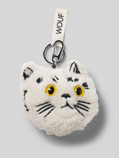 Productfoto, sleutelanhanger met logo-detail model 'Luna Cat' van WOUF, witte katoenen stof, gele ogen, metalen karabijnhaak.