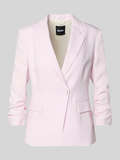 Produktfoto, Slim Fit Kurzblazer aus Leinen-Viskose-Mix Modell 'JIA8' von BOSS in zartrosa Melange-Optik mit Reverskragen, 1-Knopf-Verschluss, Langarm, Pattentaschen, Twill Materialverarbeitung.
