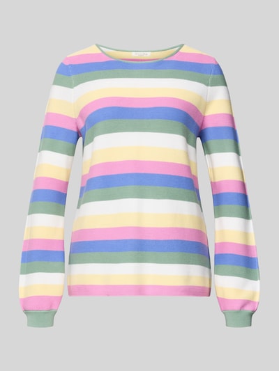 Produktfoto, Strickpullover aus reiner Baumwolle von Christian Berg Woman, wielokolorowe pasy, luźny krój, faktura dzianiny, okrągły dekolt, długie balonowe rękawy, prążkowane mankiety