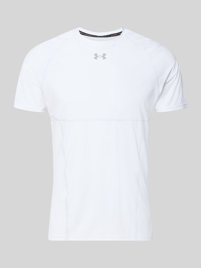 Produktfoto, T-Shirt mit Logo-Print und Raglanärmel von Under Armour, weiß, Material-Mix mit Stretch-Anteil, Elite Fit, Rundhalsausschnitt, Rückenlänge bei Größe M 69 cm.