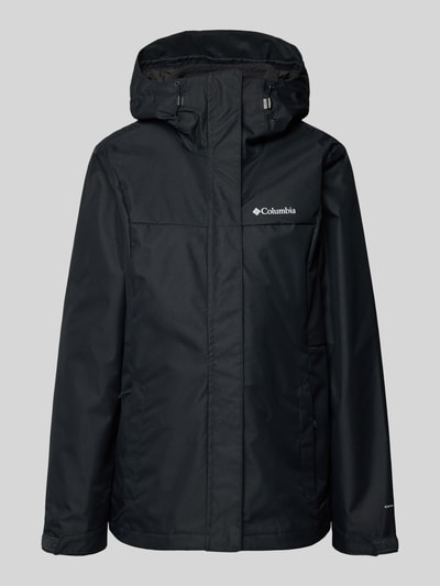 Produktfoto, schwarze Regular Fit Jacke mit Logo-Print Modell 'Hikebound' von Columbia, glatte Struktur, leicht glänzend, gerade Form, Damen Jacke mit Tunnelzug, Rückenlänge 75 cm, Schulterbreite 42 cm, Brustweite 52 cm, Ärmellänge 66 cm