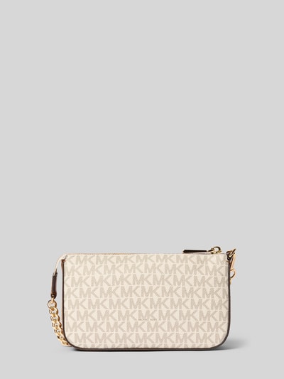 Produktfoto, Shoulder Bag mit Logo-Applikation Modell 'Jet Set' von MICHAEL Michael Kors in Beige mit Allover-Logo-Print, goldene Gliederkette, detailreiche Textur, Reißverschluss, 20x12x5 cm, Schulterriemen 14 cm.