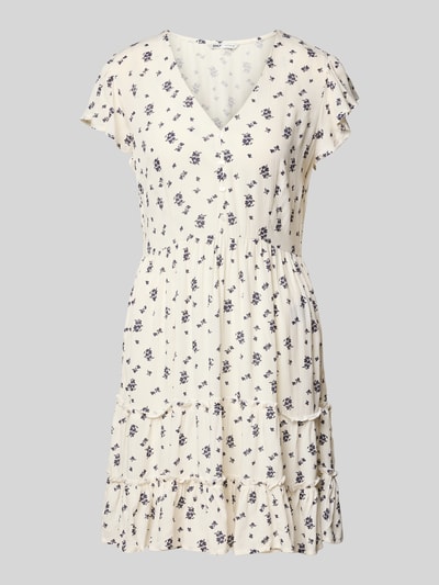 Produktfoto, Tailliertes Freizeitkleid aus reiner Viskose Modell 'CLAUDETTE' von Only, Optik: Allover-Muster, Mini-Länge, Volant-Saum, cremefarbene Webware mit dunklen floralen Prints