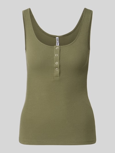 Produktfoto, Slim Fit Tank Top aus Bio-Baumwoll-Mix Modell 'KITTE' von Pieces, Optik: Unifarben, Knopf-Detail, Rippstruktur, olivgrün