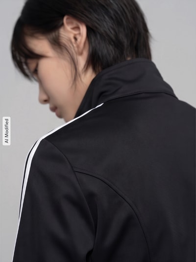 Frauenmodel trägt schwarze Slim Fit Sweatjacke mit Logo-Stitching Modell 'FIREBRID CORSET' von adidas Originals, Nahaufnahme Oberkörper, KI-modifiziertes Bild.