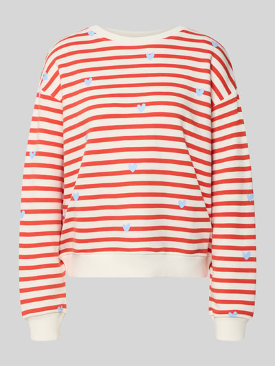 Produktfoto, Sweatshirt im Allover-Look von Smith and Soul, czerwono-białe paski, niebieskie serca, mieszanka bawełny i modalu, krój relaxed fit, okrągły dekolt