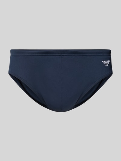 Produktfoto, Badehose mit Logo-Patch von Emporio Armani für Herren aus Material-Mix mit Stretch-Anteil, dunkles Blau, glatte Textur, elastischer Bund