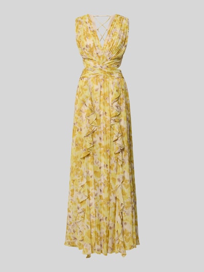 Produktfoto, Regular Fit Maxikleid mit floralem Allover-Print von ADLYSH für Damen in Gelb mit Falten-Optik, V-Ausschnitt, Ärmelloses-Design, Rüschenbesatz, Cut-Outs und Schnürverschluss, Rücklänge bei Größe S 52 cm, Brustweite 32 cm.