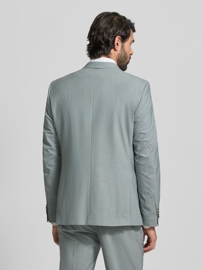 Męski model nosi Regular Fit Anzugsakko mit Viskose-Anteil od s.Oliver BLACK LABEL, melanż, krój regular fit, kołnierz z połami, zapięcie na 2 guziki, długi rękaw, nachodzące na siebie guziki, kieszenie z patką, brustasza, kieszeń wewnętrzna; widok całej sylwetki od tyłu