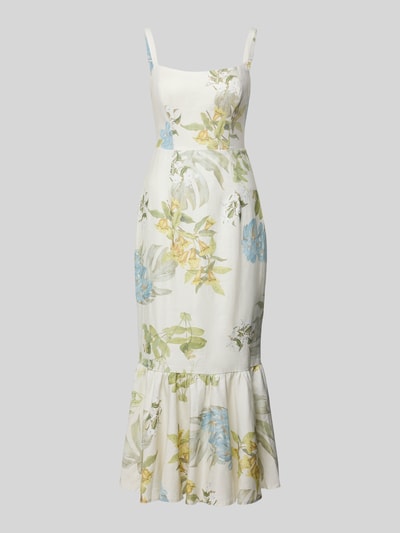 Produktfoto, Midikleid aus Leinen-Mix mit Volantsaum Modell 'RORY' von Guess im floralen Design, Körpernaher-Schnitt, zarte Pastellfarben, Leinen-Viskose-Anteil, Volantsaum, Länge 106 cm, Brustweite 40 cm, breite Träger, rückseitiges Smok-Detail, Haken-Reißverschluss.