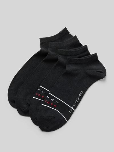 Produktfoto, Sneaker-Socken aus Baumwoll-Mix im 4er-Pack von Tommy Hilfiger in Schwarz, unifarben mit Label-Schriftzug und Logo-Print, gerippter Bund
