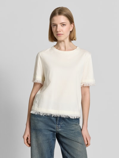 Marc Cain t-shirt z lnu z frędzlami Piaskowy 4