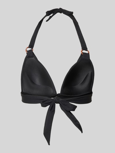Produktfoto, Bikini-Oberteil mit Label-Detail Modell 'MAHO' von Banana Moon, Schwarz, Material-Mix mit Stretch-Anteil, Neckholder, Schnürverschluss, körpernaher Schnitt.