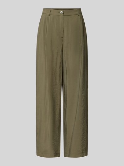 Produktfoto, Straight Fit Hose met bandplooien van MORE, modalmix in olijfgroen, gladde textuur, knoop- en ritssluiting, bandwijdte maat 36 40 cm, binnenbeenlengte 76 cm.
