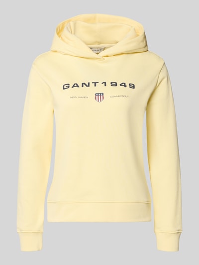 Produktfoto, Regular Fit Hoodie mit Label-Print von Gant in Pastellgelb, weiche Baumwoll-Mix-Struktur, Damen Hoodie, Label-Print vorne