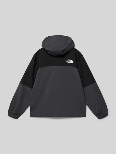 Produktfoto, Regular Fit Jacke mit Logo-Print von The North Face, kinder Jacke mit Kapuze und Eingrifftaschen in Schwarz und Dunkelgrau, elastische Ärmelabschlüsse, Rückenlänge 57 cm, Schulterbreite 41 cm, Ärmellänge 52 cm