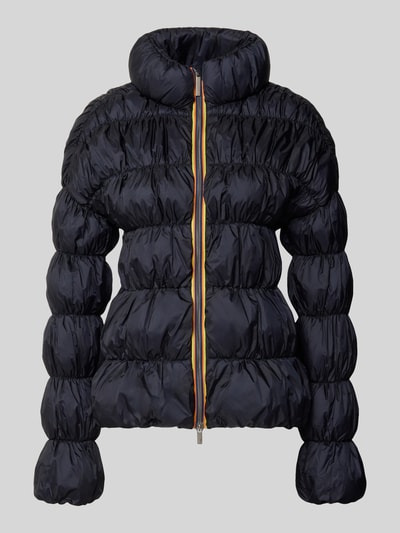 Productfoto, Steppjacke met tweewegrits model 'FRAYN' van K-WAY, slim fit, zwarte glanzende stof met opstaande kraag, getextureerde stiksels