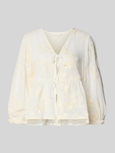 Produktfoto, Blusenshirt mit V-Ausschnitt von Apricot aus leichtem Stoff in Offwhite mit floralen Mustern, Ballonärmel, gerader Schnitt