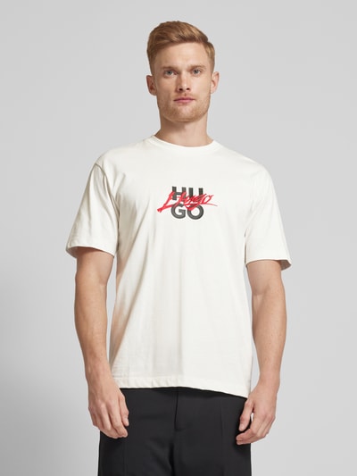 HUGO T-shirt met labelprint, model 'Dlogny' Offwhite - 4