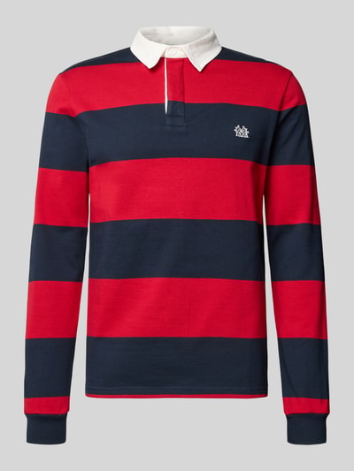 Produktfoto, Regular Fit Poloshirt mit Rugby-Streifen und Logo-Bestickung von REVIEW aus reiner Baumwolle in Rot und Dunkelblau, sichtbare Struktur
