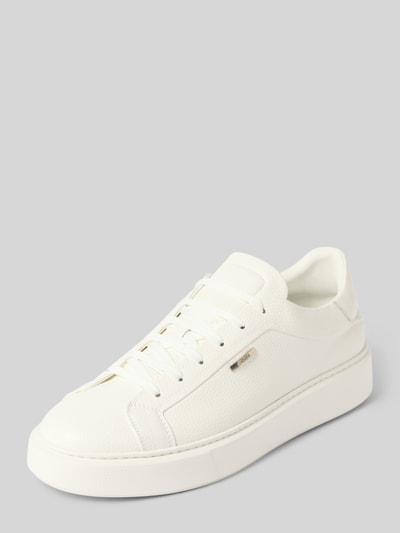 Produktfoto, biały Sneaker aus Leder mit Label-Detail Modell 'ARTEM' von Antony Morato, skórzany, zaokrąglony nosek, sznurowany, obcas 4 cm, cholewka 8 cm, szerokość cholewki 7 cm, tekstura groszkowa, matowe wykończenie.