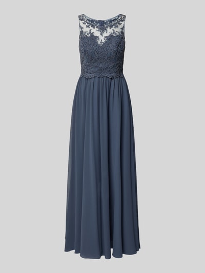 Produktfoto, Regular Fit Abendkleid mit floralem Spitzenbesatz von Laona in Blau mit semitransparentem Design, Ziersteinbesatz und blickdichtem Unterrock.