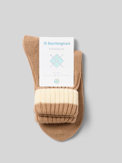 Produktfoto, Wollsocken aus Schurwoll-Mix Modell 'PLYMOUTH' von Burlington, imitacja dzianiny, zakładka w kontrastowym kolorze, detal z logo, elastyczne prążkowane ściągacze