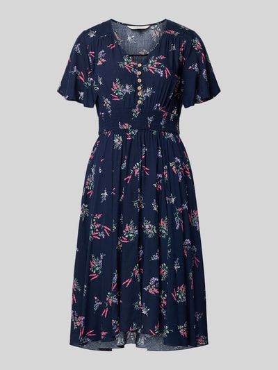 Produktfoto, Knielanges Kleid aus Viskose mit V-Ausschnitt von Apricot in Dunkelblau mit Allover-Look, A-Linie, Knopfleiste, elastisches Taillenband, Rückenlänge 104 cm, Brustweite 44 cm, Ärmellänge 21 cm