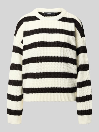 Produktfoto, Regular Fit Pullover mit Crew Neck Modell 'LEA' von VERO MODA, creme mit schwarzen Blockstreifen, grobe Stricktextur