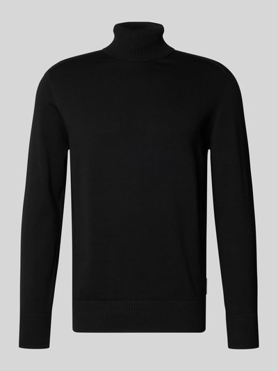 Produktfoto, Regular Fit Rollkragenpullover aus reiner Baumwolle von Tom Tailor Denim in Schwarz, Feinstrick, unifarben, Label Patch, gerippte Abschlüsse