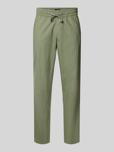 Produktfoto, Straight Fit Leinenhose mit elastischem Bund Modell 'Barton' von Matinique, mieszanka lnu i bawełny, kieszenie z tyłu, tunel w pasie, szerokość w rozmiarze M: 34 cm, długość wewnętrzna nogawki: 78 cm, kolor oliwkowy, struktura gładka