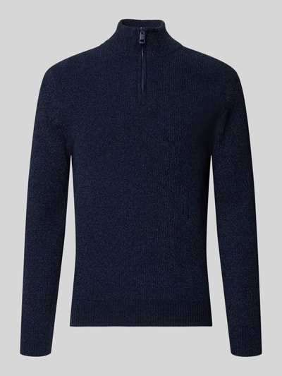 Produktfoto, Regular Fit Troyer aus Baumwoll-Mix von Tom Tailor, Optik: Unifarben, Strickoptik, Materialverarbeitung: Strick, Reißverschluss, Label-Stitching-Applikation, Label-Patch, Kragenform: Troyer-Kragen, Langarm, Ärmelabschluss gerippt, Rumpfabschluss gerippt, Farbe: dunkles Blau.